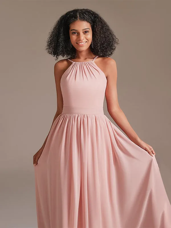 A-line Halter Neck Floor-Length Chiffon Bridesmaid Dress