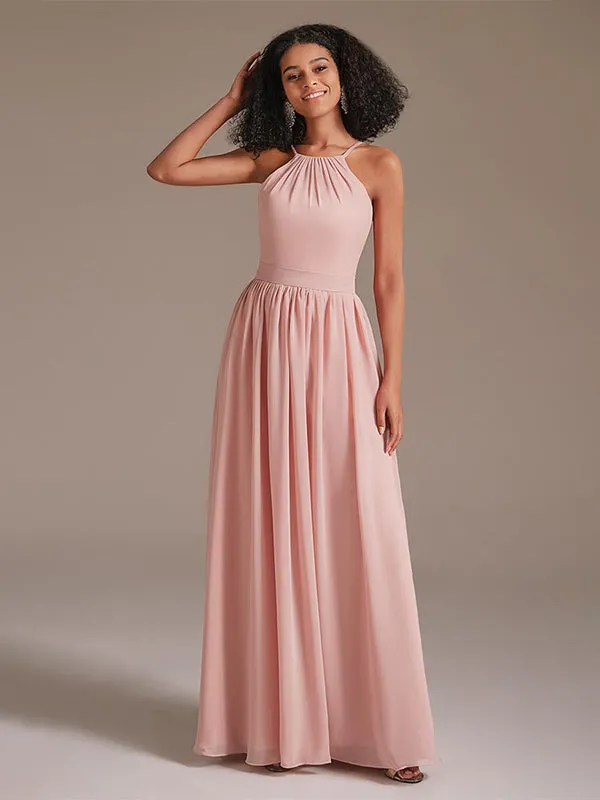 A-line Halter Neck Floor-Length Chiffon Bridesmaid Dress