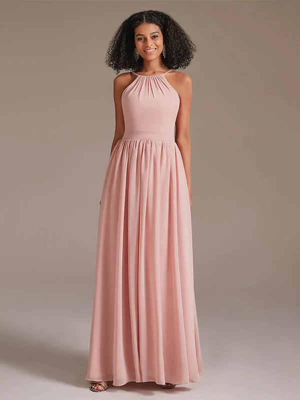 A-line Halter Neck Floor-Length Chiffon Bridesmaid Dress