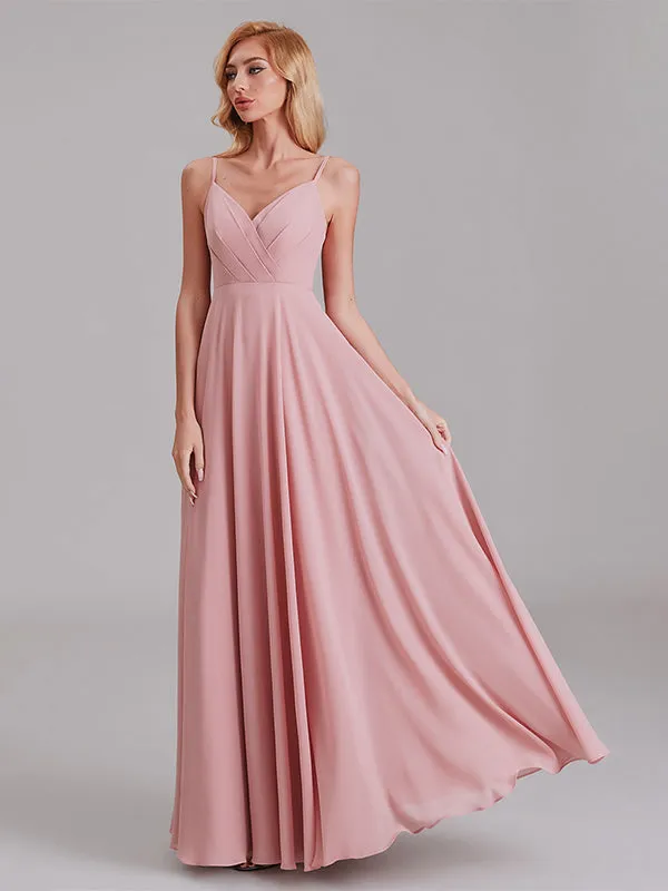 A-Line V-Neck Spaghetti Straps Chiffon Floor-Length Bridesmaid Dress