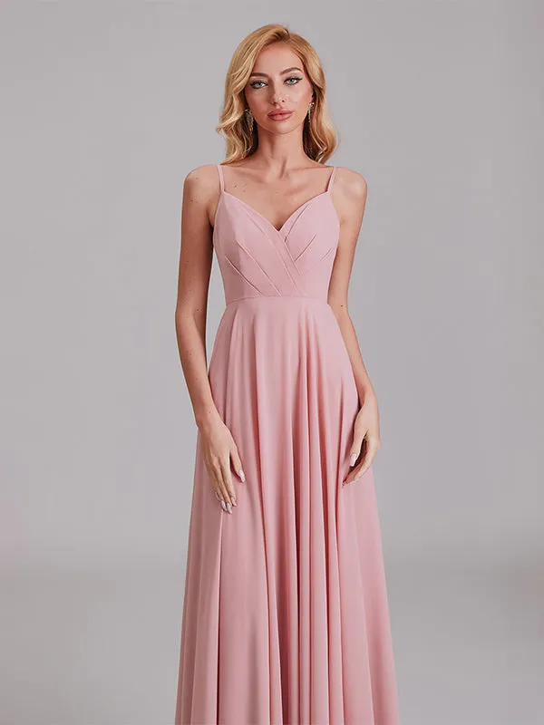 A-Line V-Neck Spaghetti Straps Chiffon Floor-Length Bridesmaid Dress