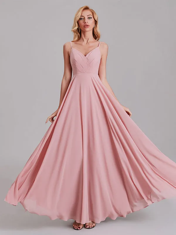 A-Line V-Neck Spaghetti Straps Chiffon Floor-Length Bridesmaid Dress