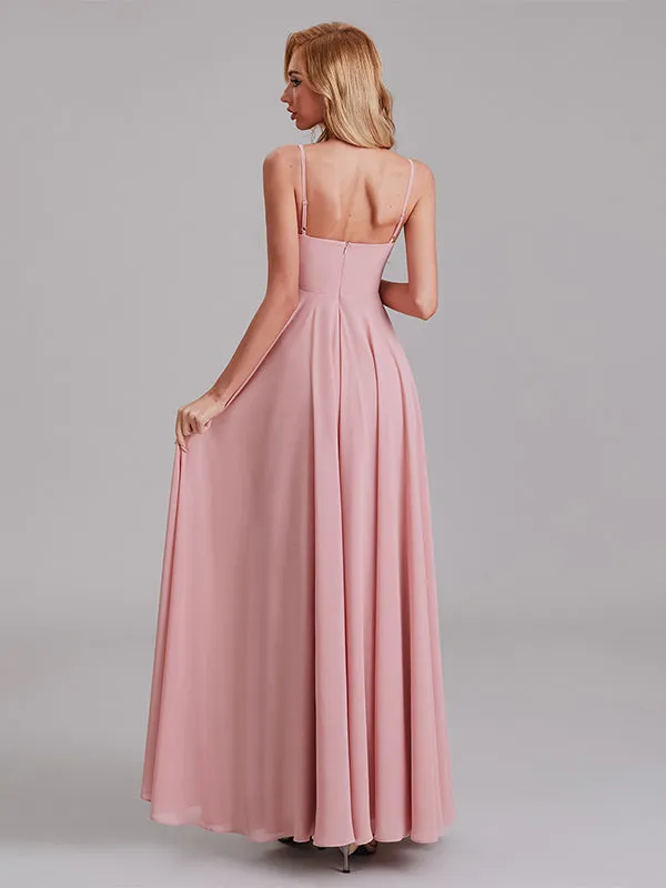 A-Line V-Neck Spaghetti Straps Chiffon Floor-Length Bridesmaid Dress