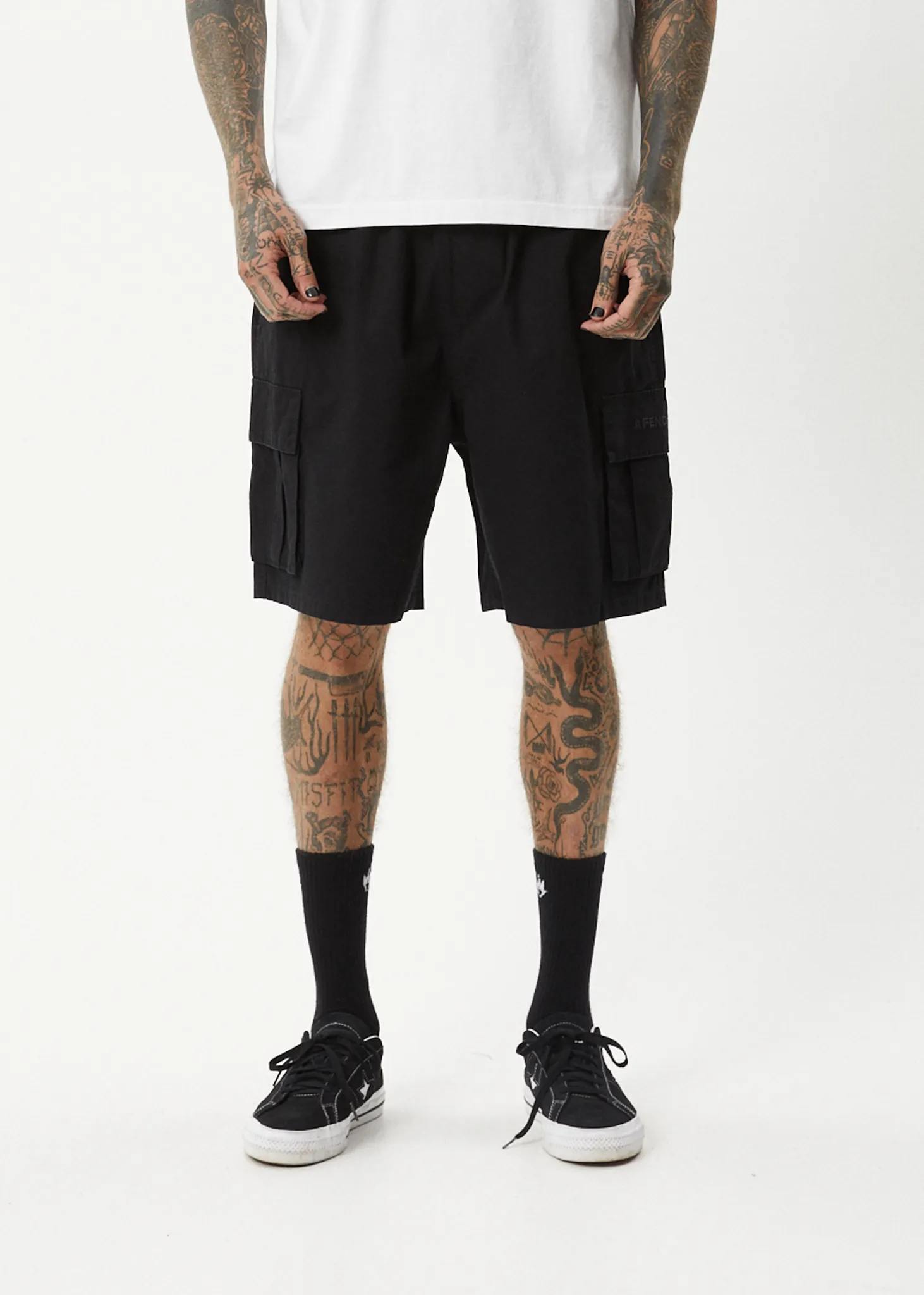 AFENDS Mens Ninety Eights Cargo - Oversized Cargo Short 20 Inch - Black