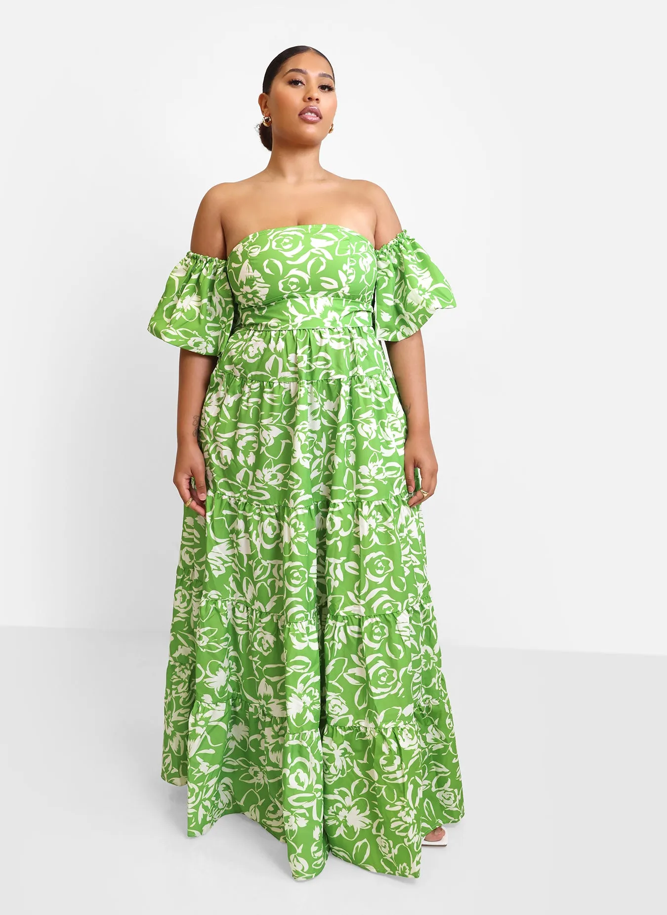 Allegra Floral Puff Sleeve Belted Maxi Skater Dress