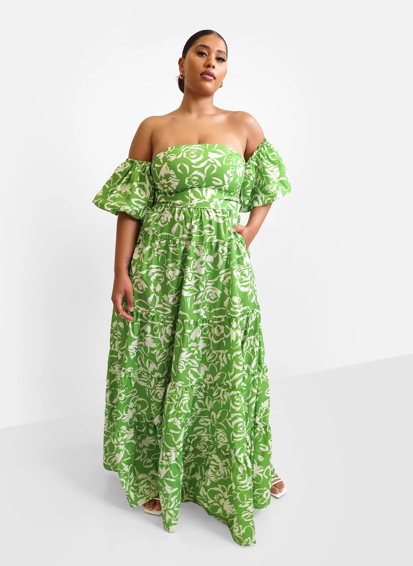 Allegra Floral Puff Sleeve Belted Maxi Skater Dress