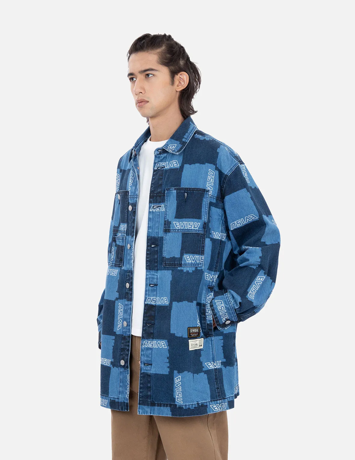 Allover Check Pattern Print Denim Shirt Jacket