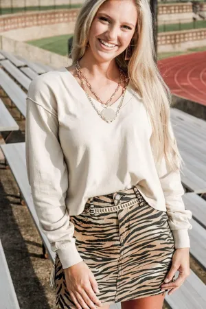 Beige V Neck Crop Sweater