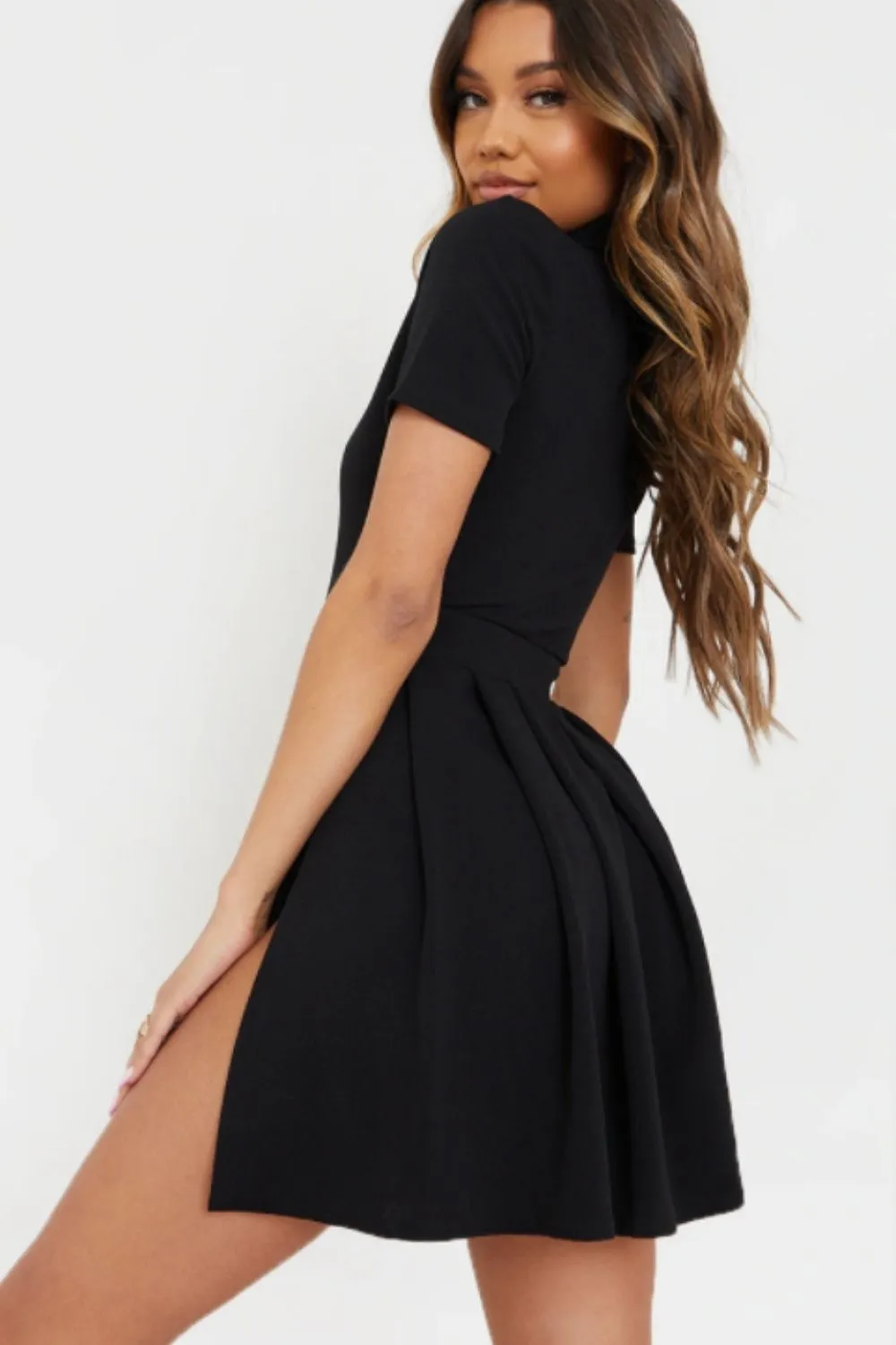 Black Collar Neck Fit and Flare Dress