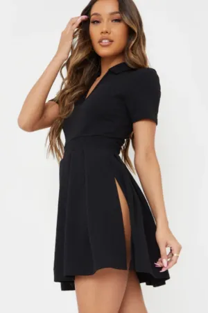 Black Collar Neck Fit and Flare Dress