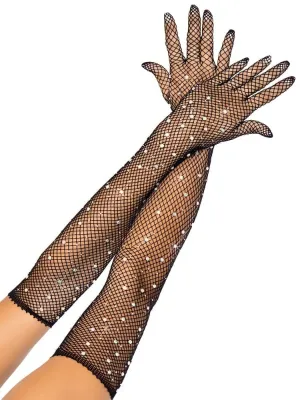 Black Fishnet Rhinestone Gloves