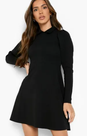 Black Long Sleeve Collared Skater Dress