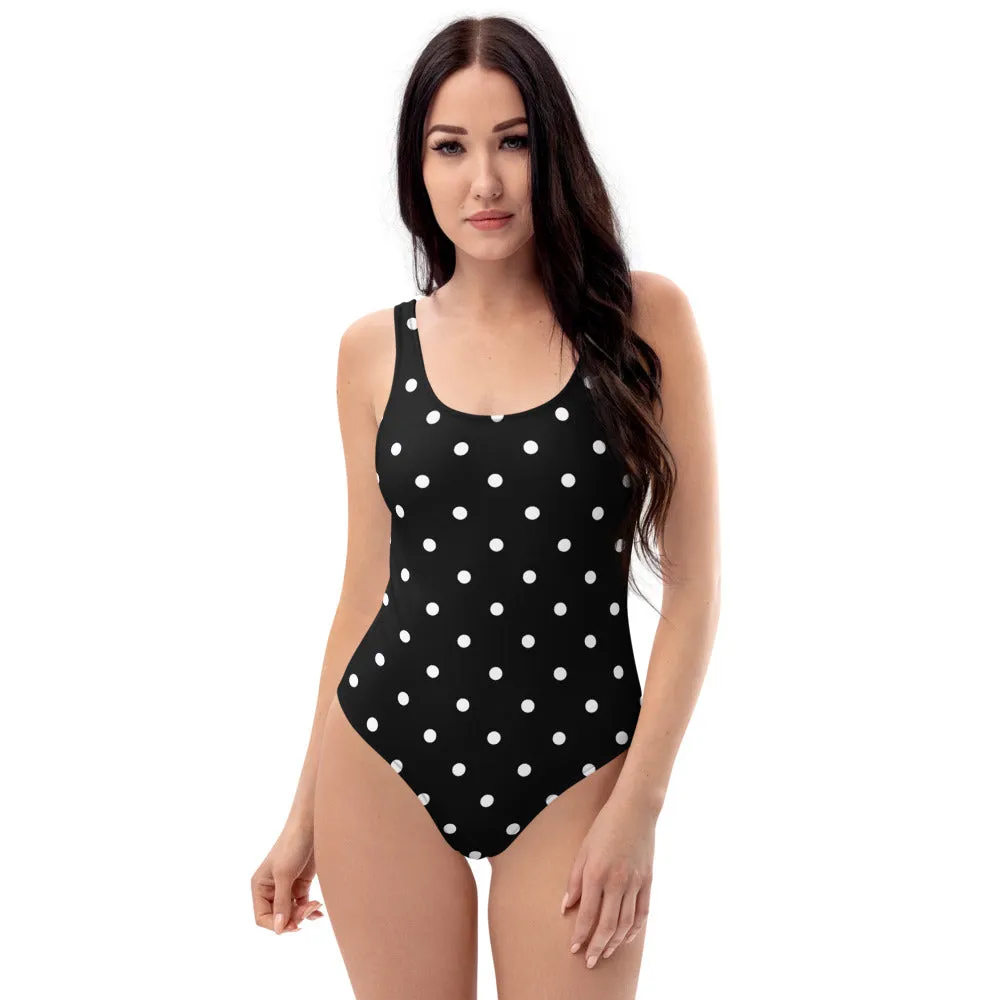 Black White Dots Swimwear, Classic Polka Dot One-Piece Women's Swimsuit-Made in USA/EU