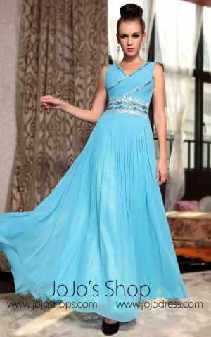 Blue V Neck Prom Formal Chiffon Evening Dress