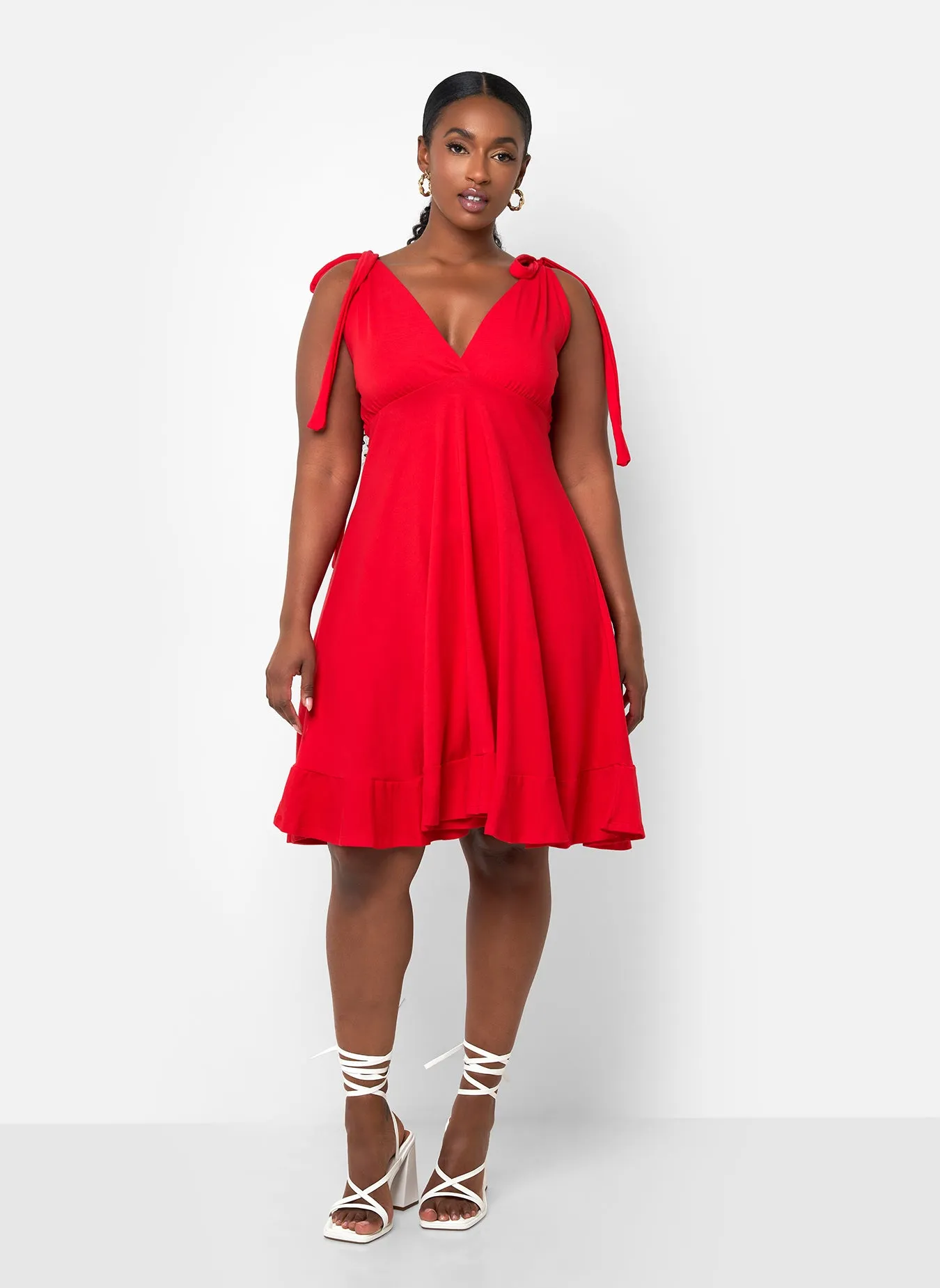 Blythe Tie Strap Ruffle Hem Mini Skater Dress - Red