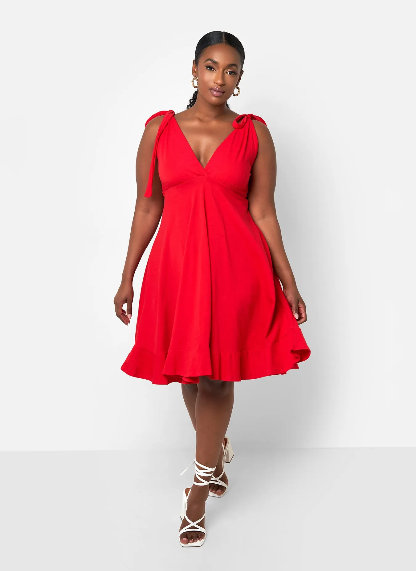 Blythe Tie Strap Ruffle Hem Mini Skater Dress - Red