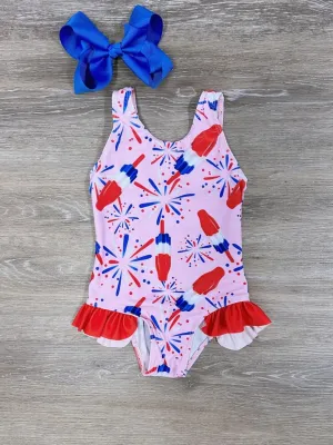 Bomb Pops Pink Girls 1 Piece Patriotic Swimsuit