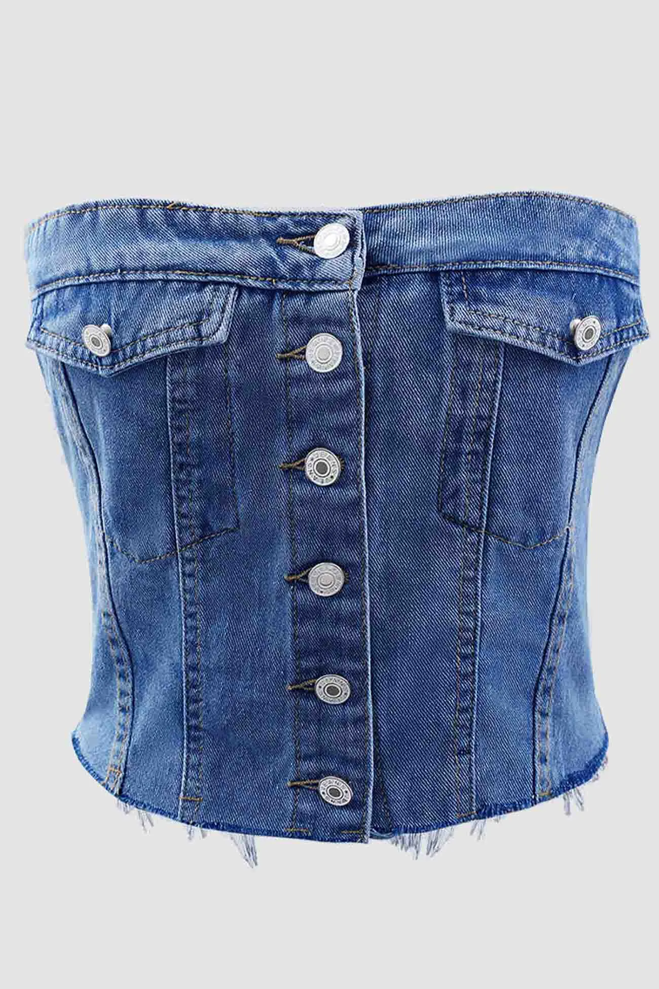 Button Front Strapless Denim Crop Top