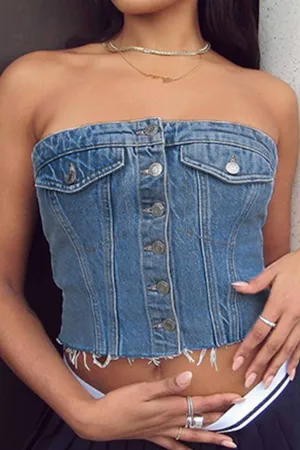 Button Front Strapless Denim Crop Top