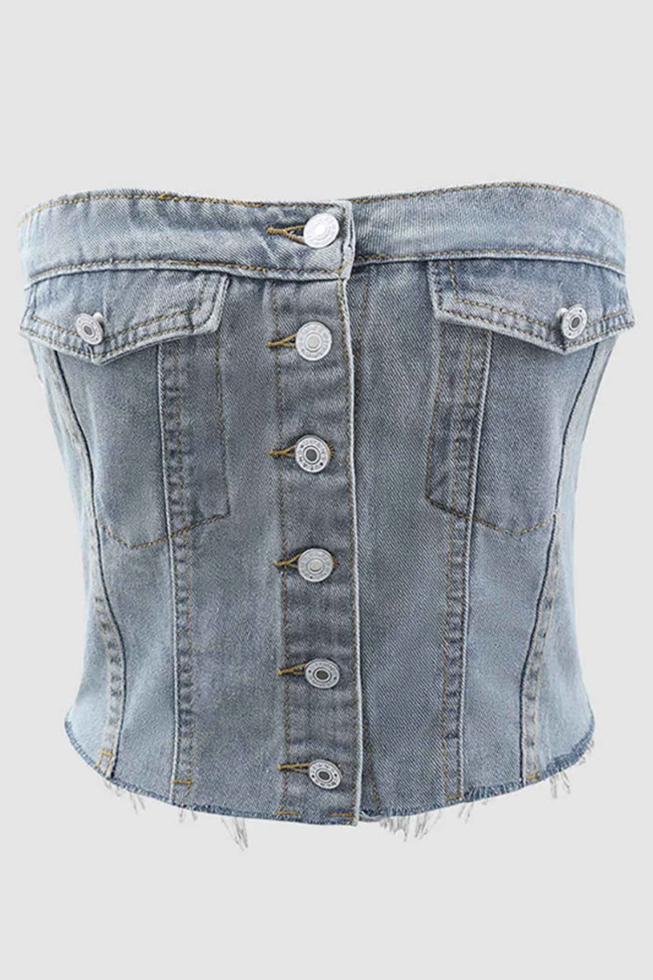 Button Front Strapless Denim Crop Top