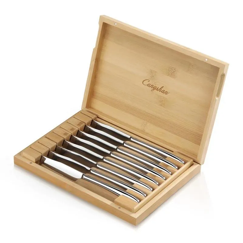 Cangshan Rain II Series 8-Piece Forged Stainless Steel Steak Knife Set in Bamboo Storage Box