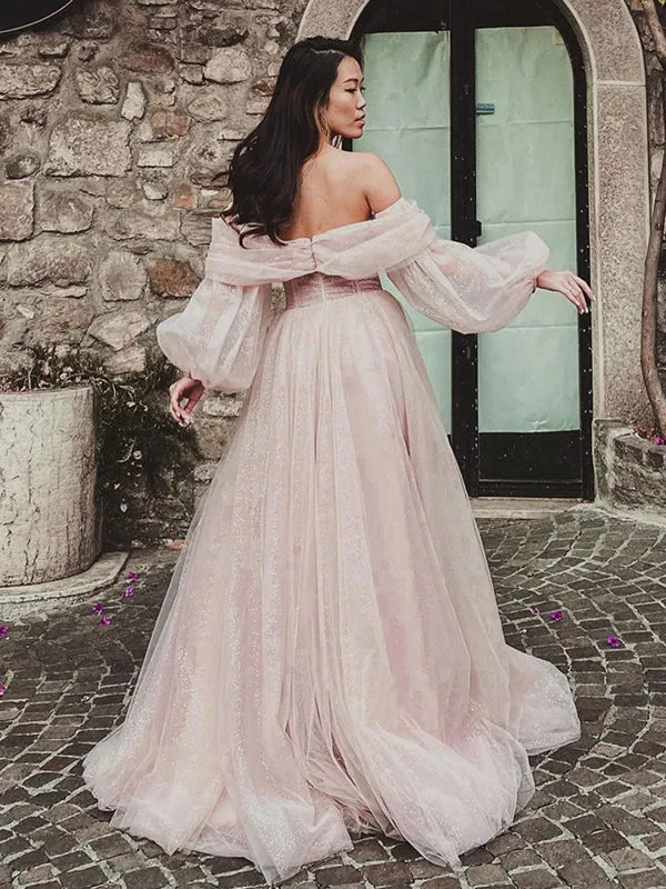 Charming Off the Shoulder Long Sleeves A-line Tulle Long Prom Dresses Formal Dress with Side Slit, OL808