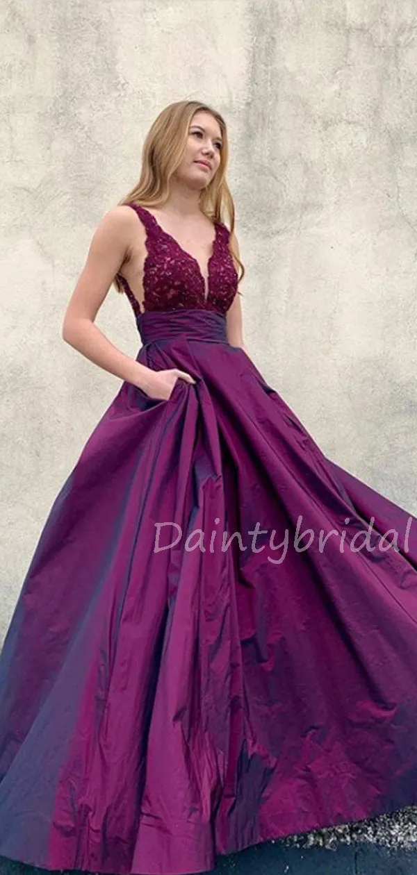 Charming V-neck Satin A-line Zipper Up Long Prom Dresses Evening Dresses.DB10551