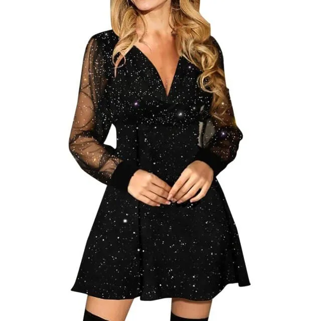 DressBetty - Fashion Long Sleeve Mesh V-neck Dresses