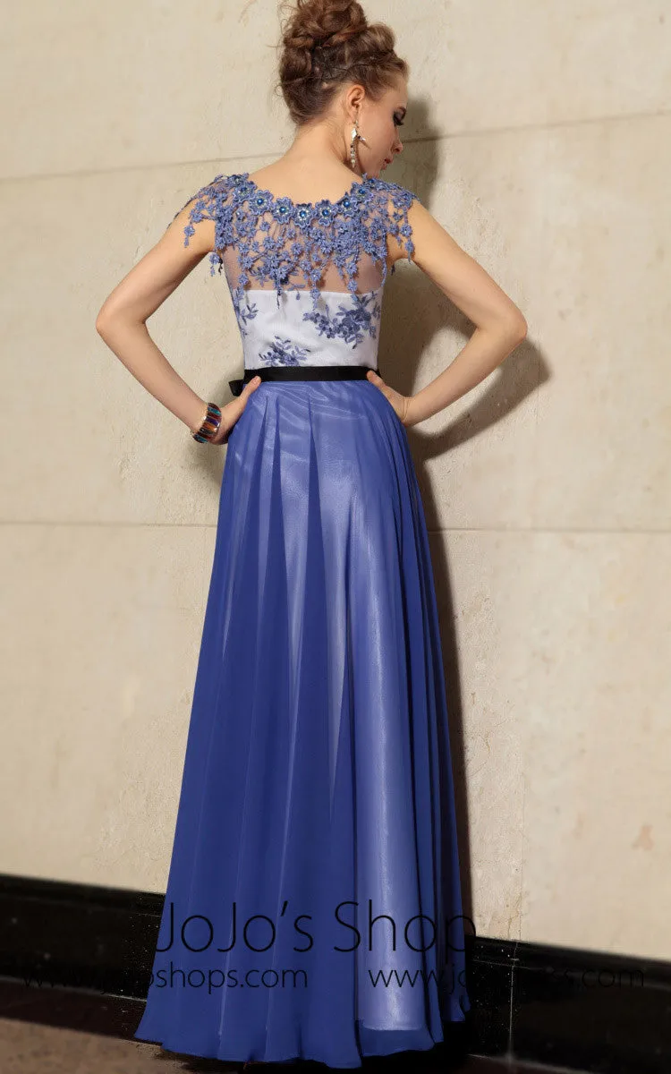 Elegant Blue Floral Jeweled Neck Formal Prom Evening Cocktail Dress DQ830889