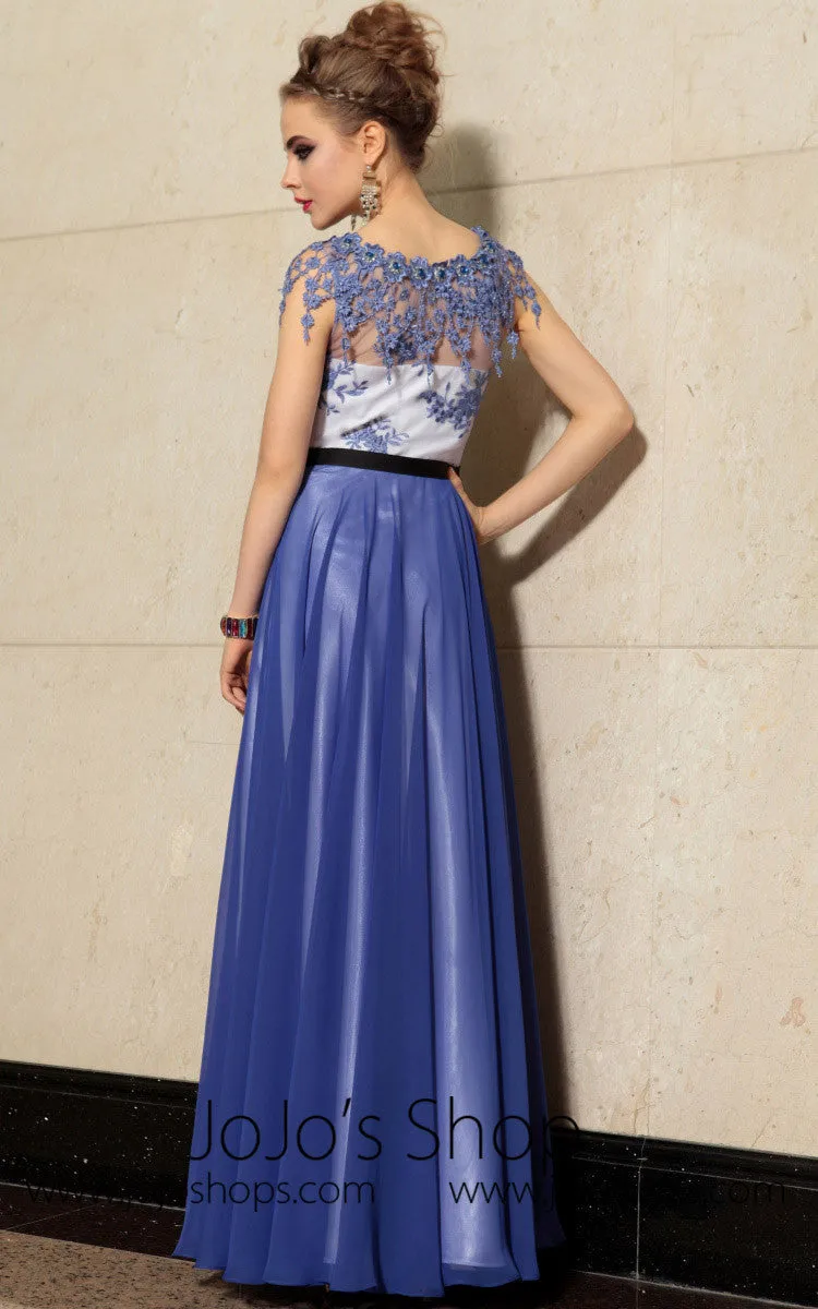 Elegant Blue Floral Jeweled Neck Formal Prom Evening Cocktail Dress DQ830889