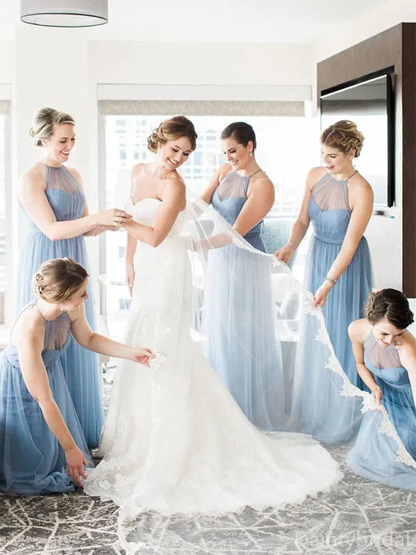 Elegant Illusion Halter Sleeveless Tulle A-line Long Bridesmaid Dresses, BG345