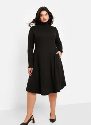 Essential Ribbed Turtleneck Midi Skater Dress W. Pockets