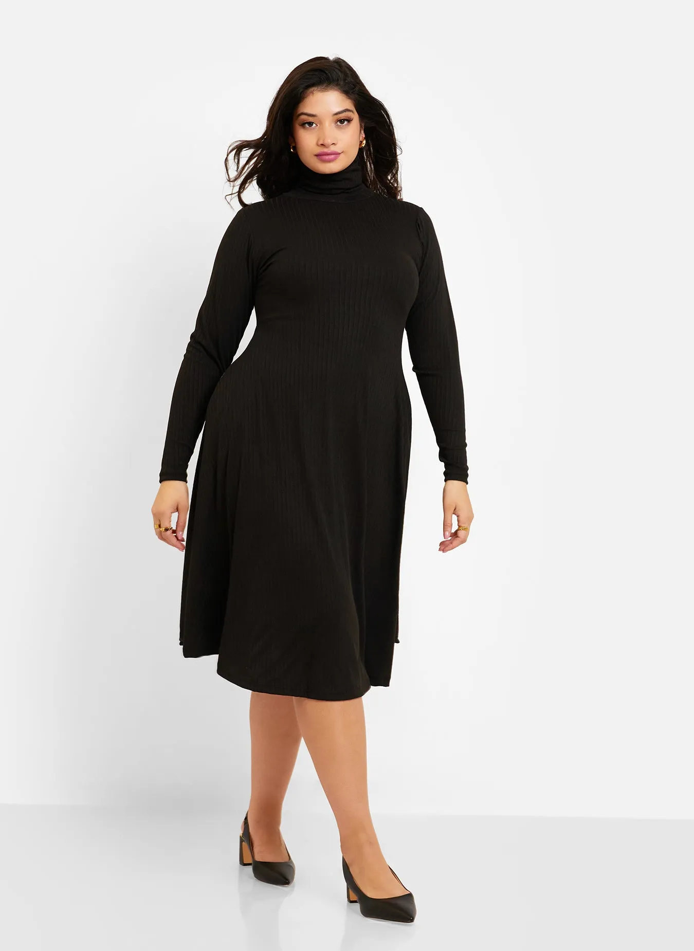 Essential Ribbed Turtleneck Midi Skater Dress W. Pockets