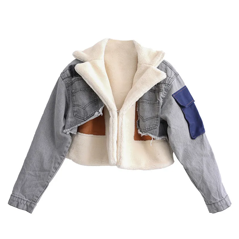 Fashion plus velvet denim stitching jacket（AY1425)