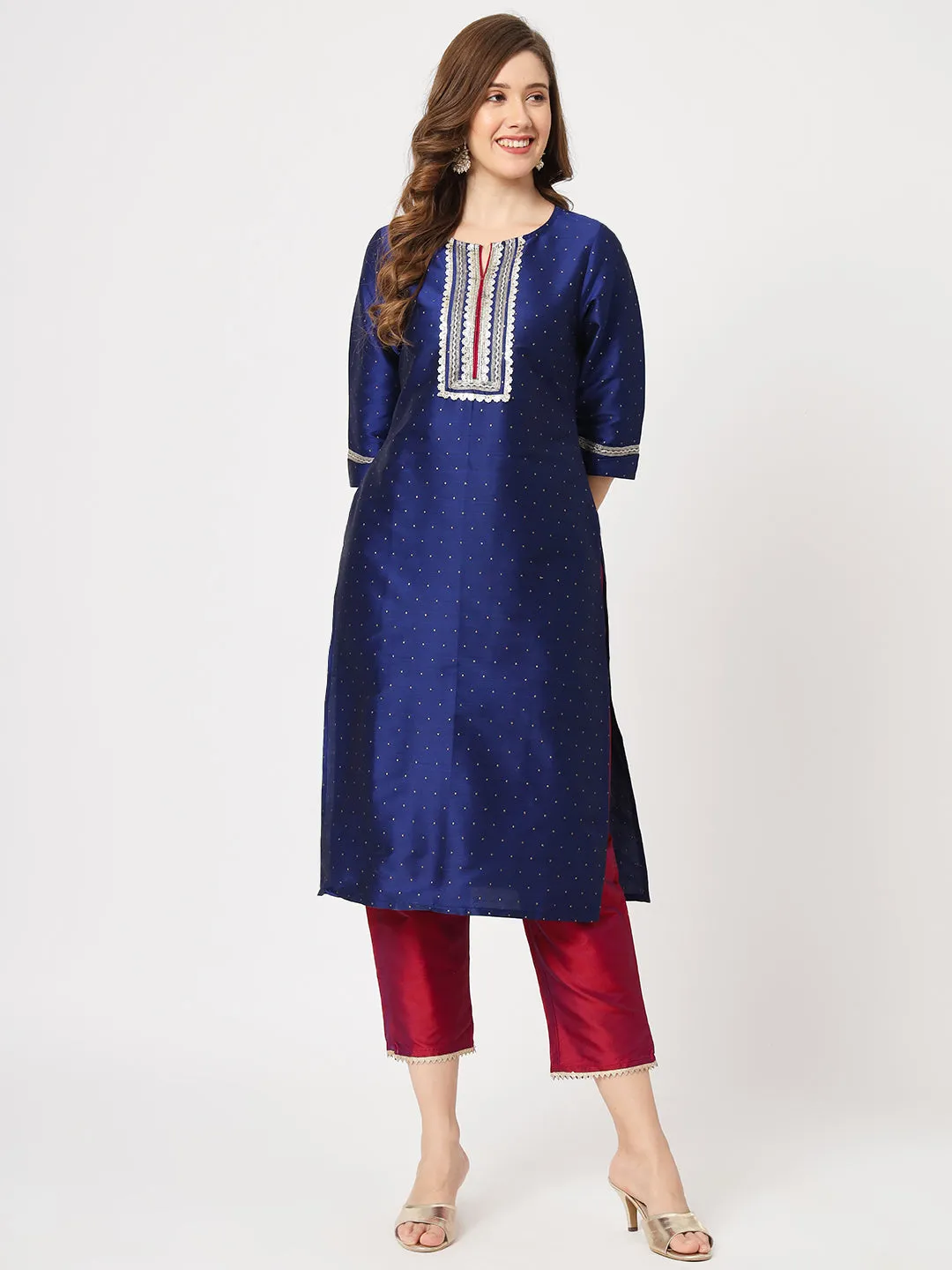 Festive Self Embroidered Buti Kurta With Contrasting Pants