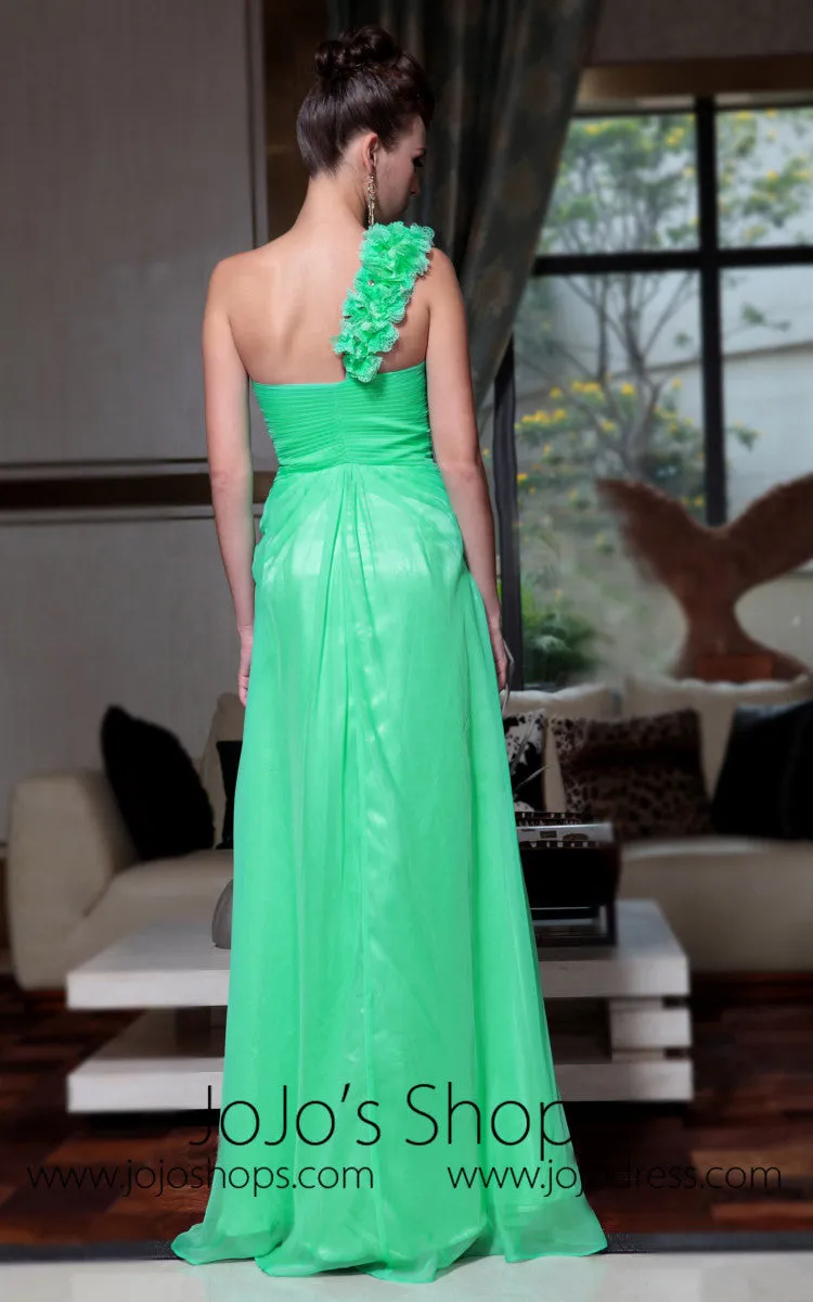 Green Grecian One Shoulder Floral Evening Dress