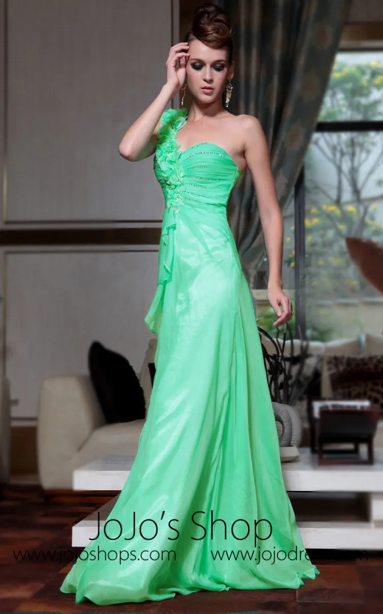 Green Grecian One Shoulder Floral Evening Dress