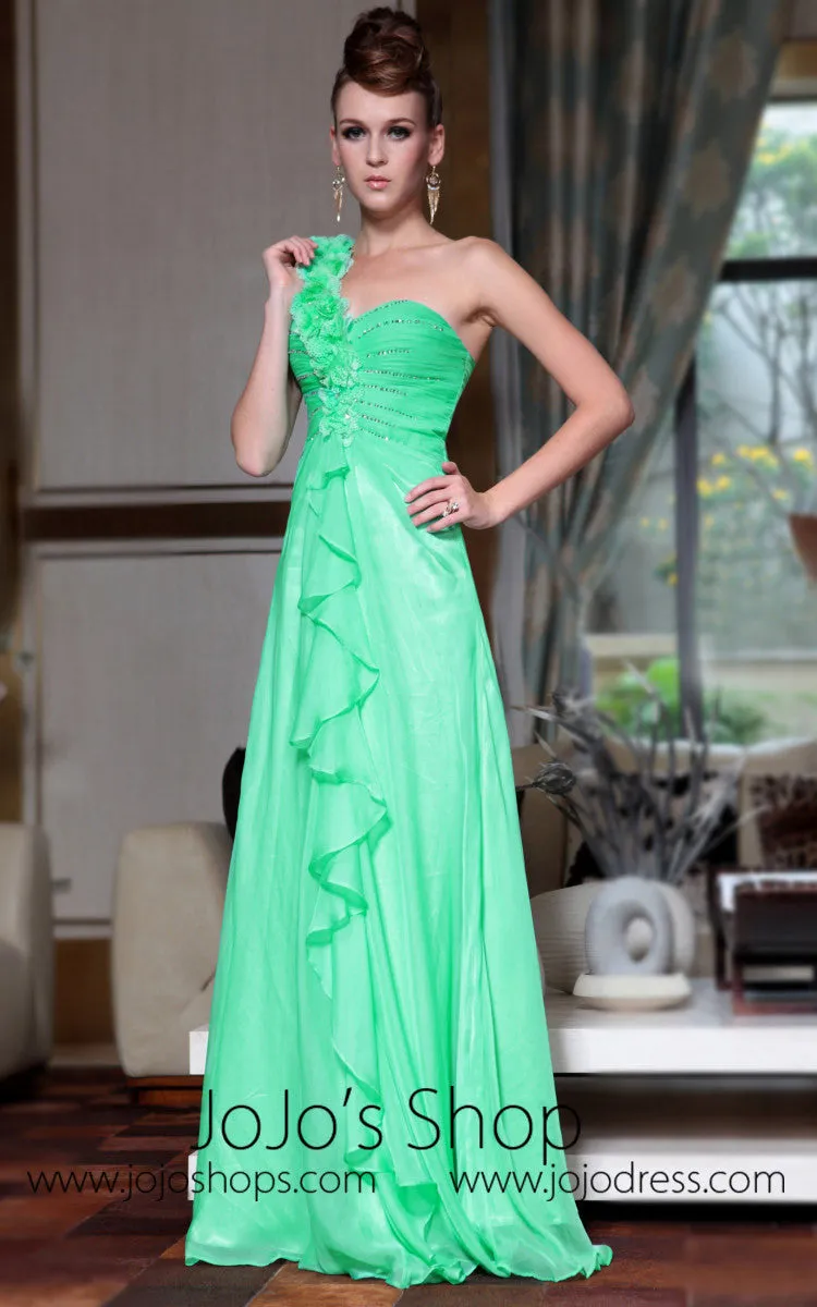 Green Grecian One Shoulder Floral Evening Dress