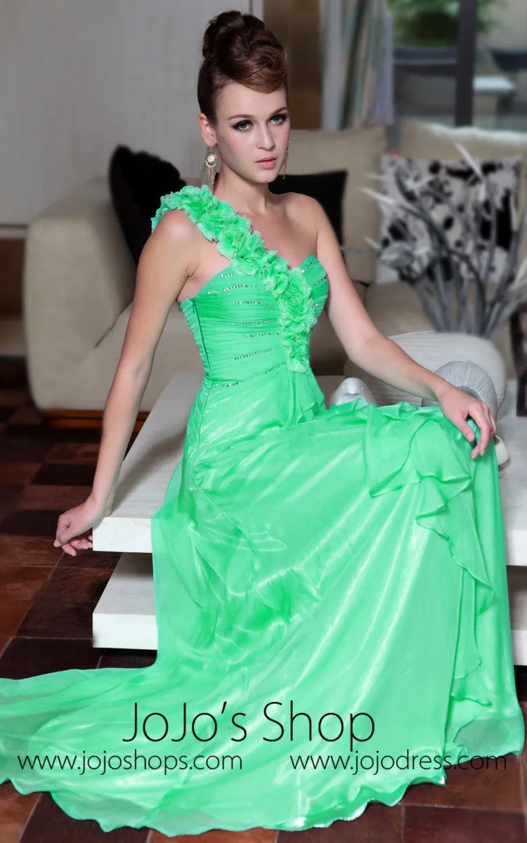 Green Grecian One Shoulder Floral Evening Dress