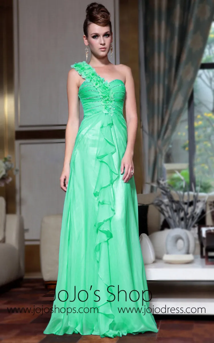 Green Grecian One Shoulder Floral Evening Dress