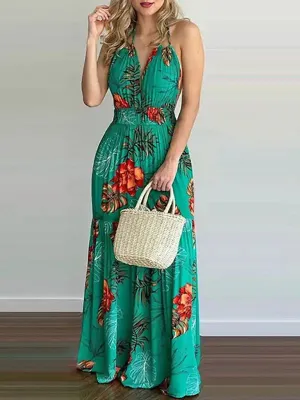 Halterneck Tie V-neck Floral Print Open-back Maxi Dress