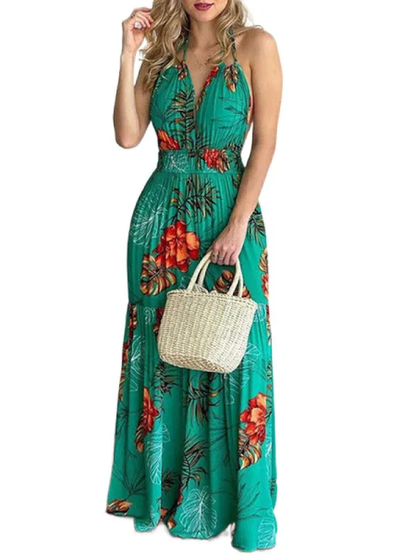 Halterneck Tie V-neck Floral Print Open-back Maxi Dress