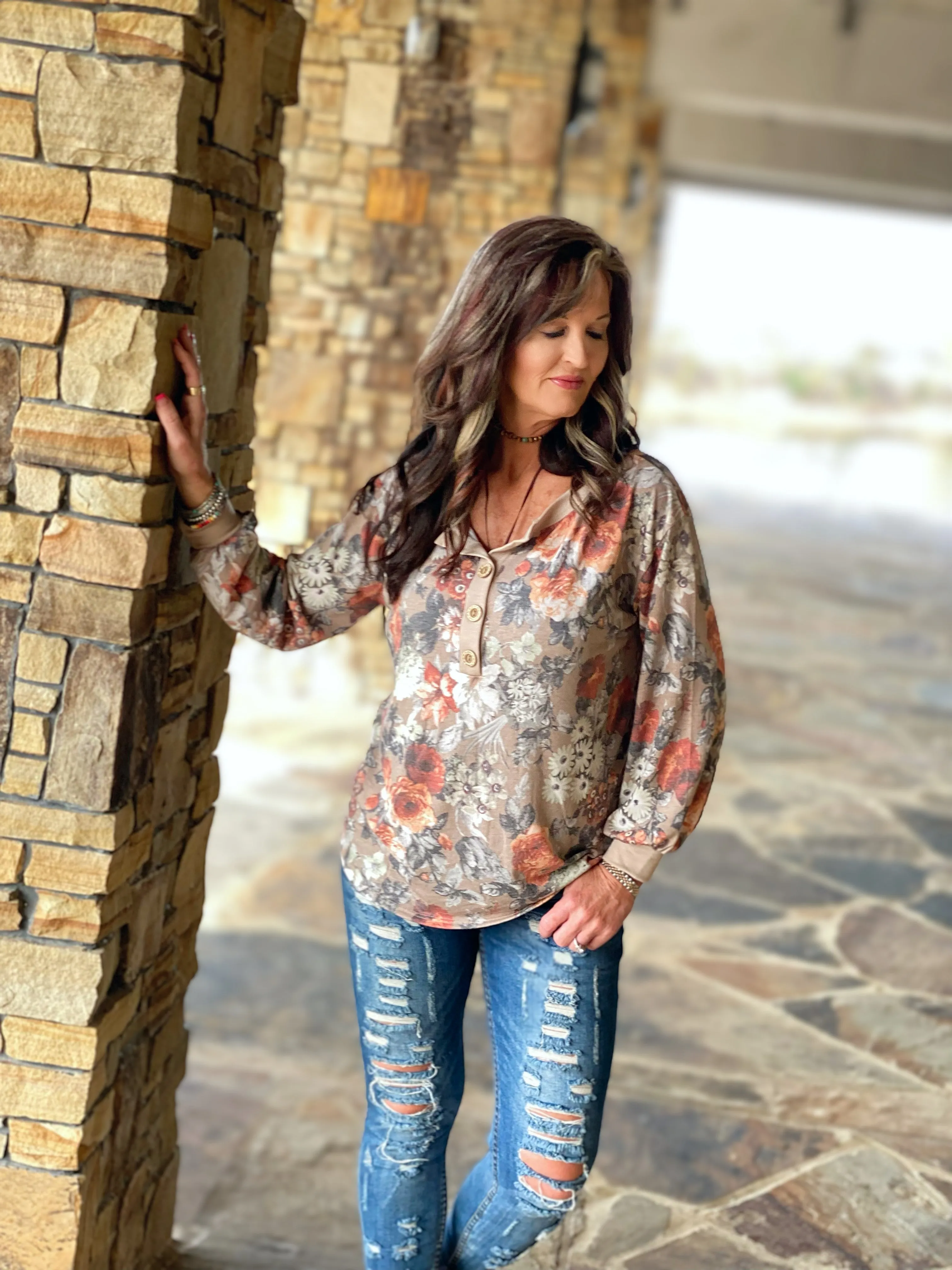 Harvest Floral V-neck Bubble Sleeve Top