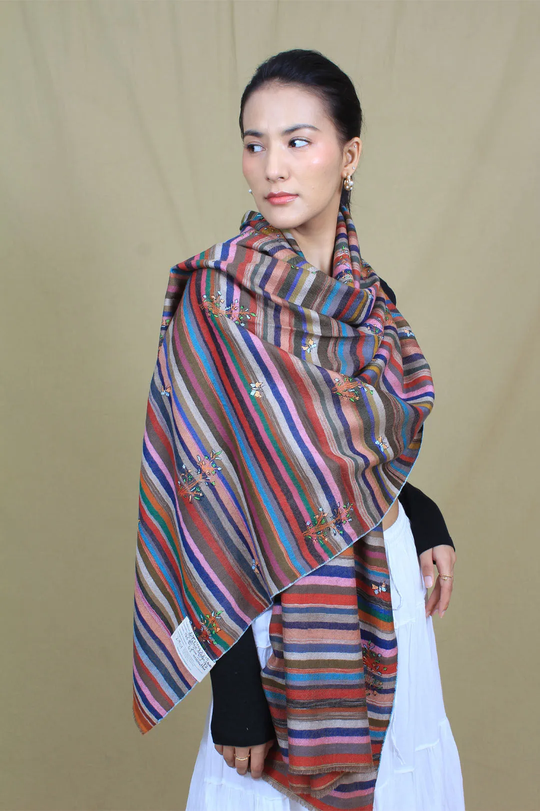 Meezan Multi Coloured Butidar Strips Cashmere Stole