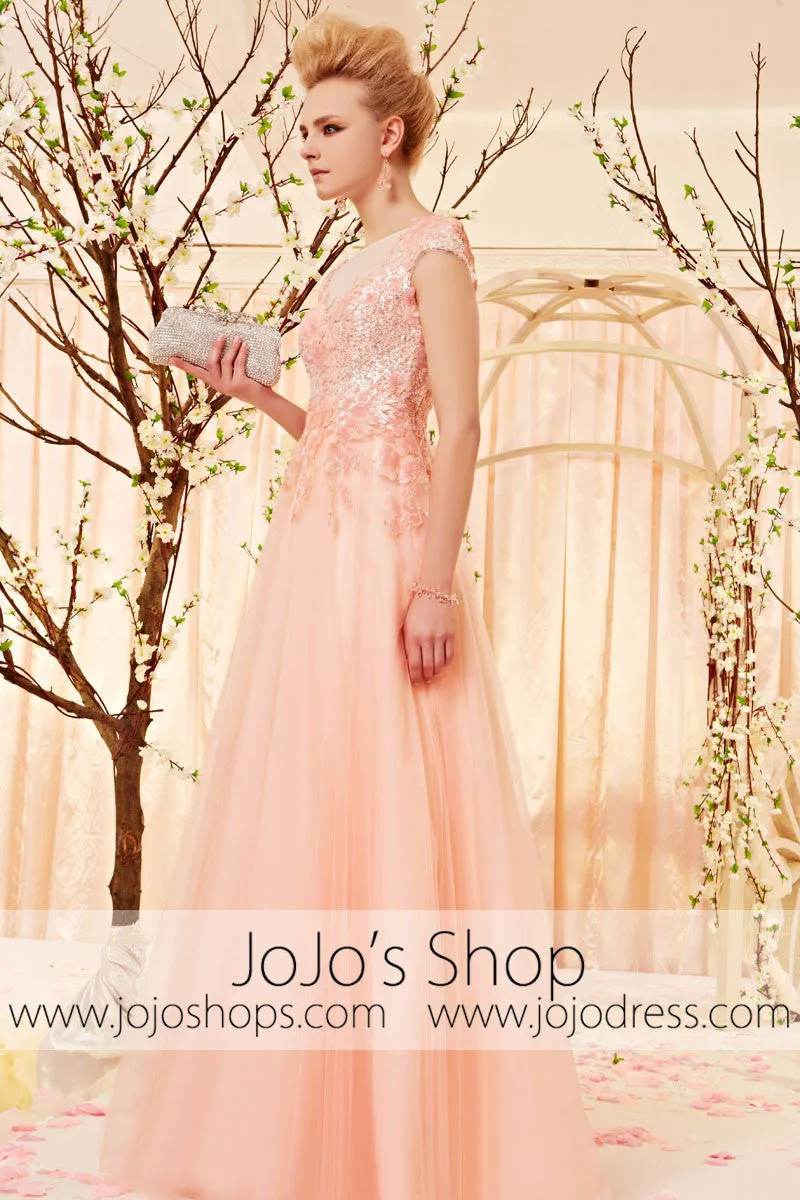 Modest Peach Blossom Blush Pink Short Sleeves Evening Dress CX830501