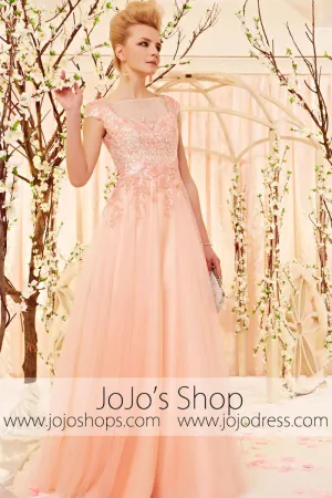 Modest Peach Blossom Blush Pink Short Sleeves Evening Dress CX830501