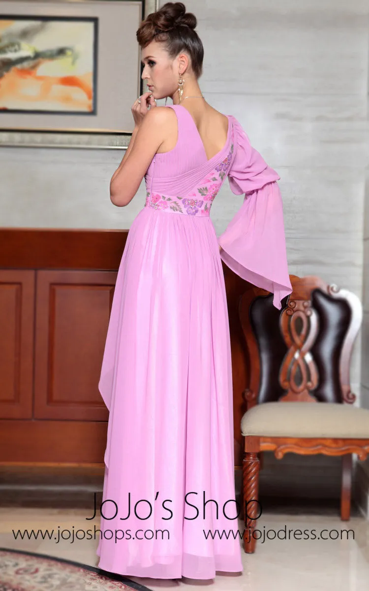 Pink V Neck Long Sleeve Evening Dress