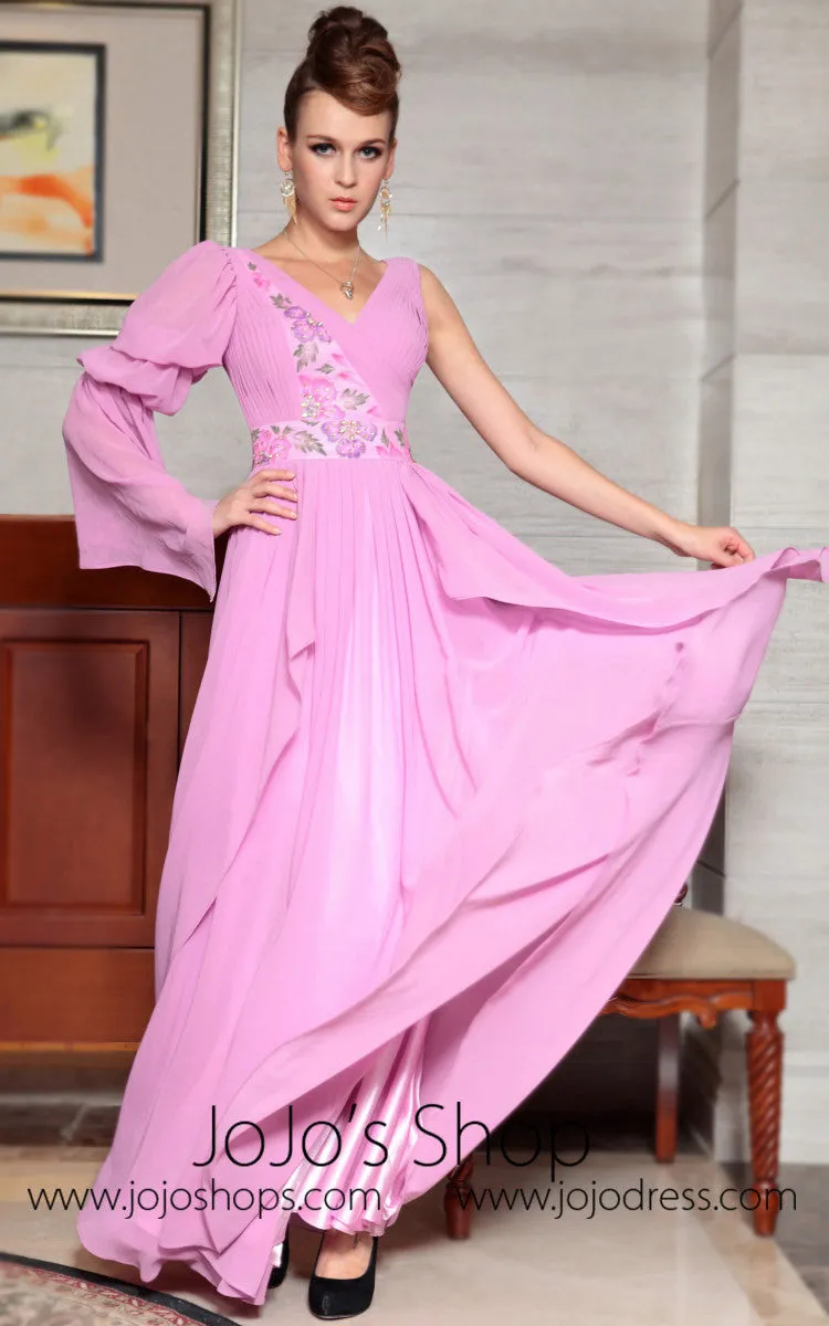 Pink V Neck Long Sleeve Evening Dress