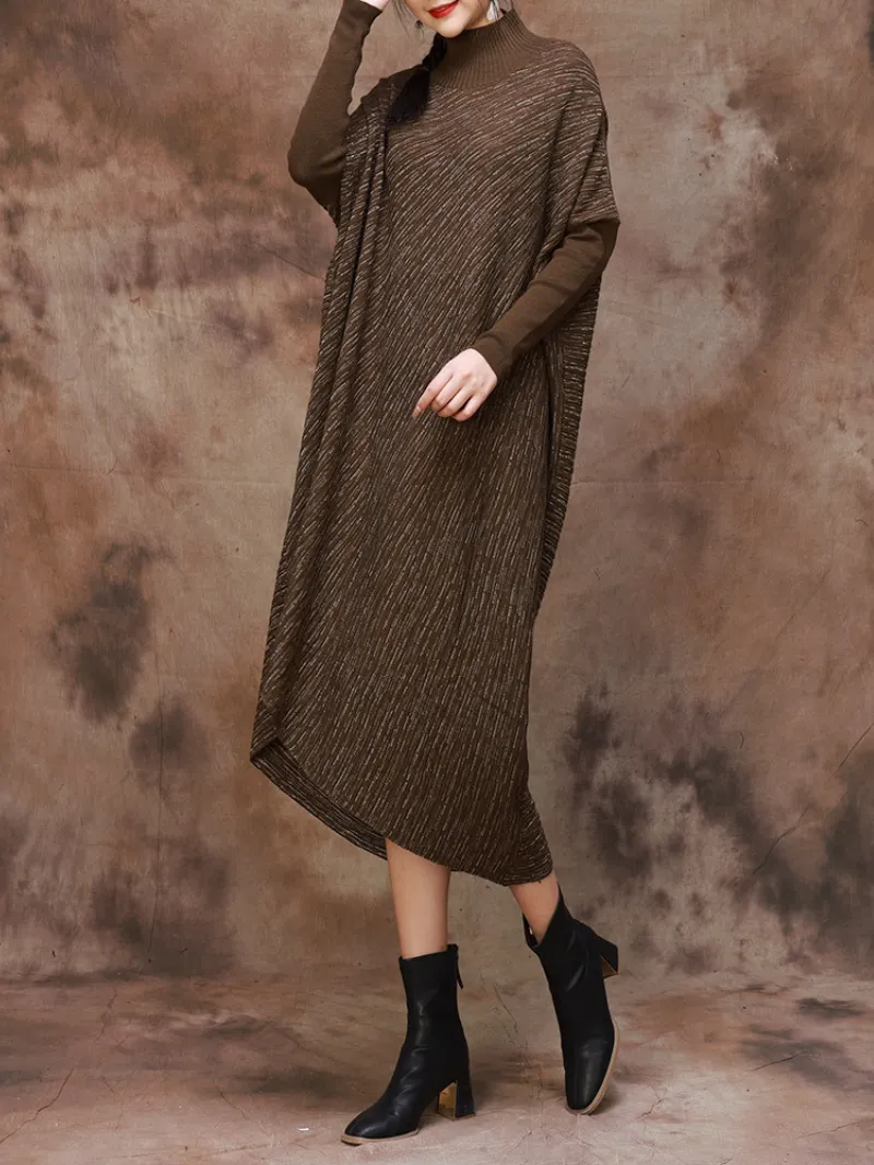 Plus Size Knitted Loose Bat Sleeve Stripe Midi Dress for Women