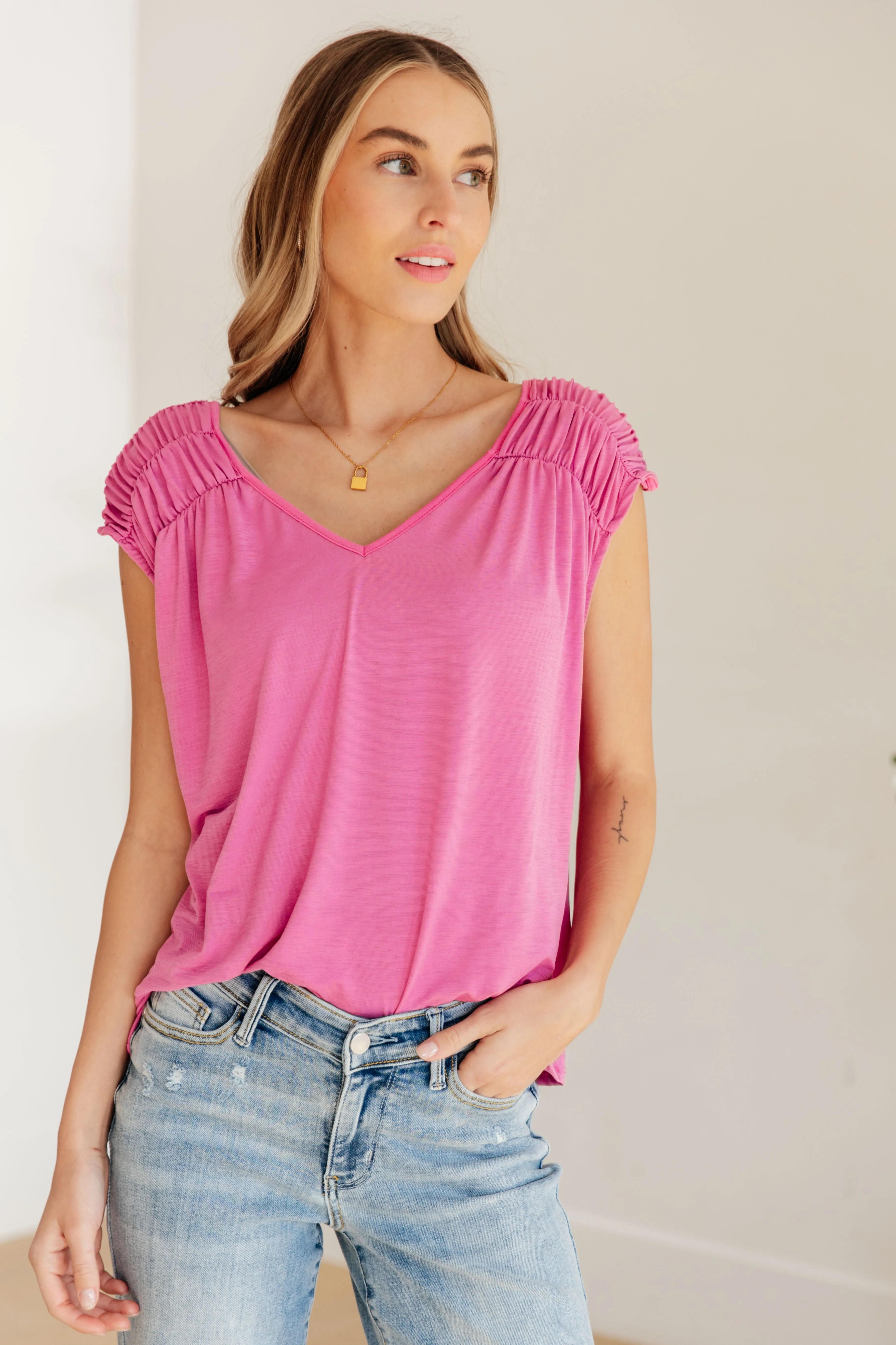 Ruched Cap Sleeve Top in Magenta